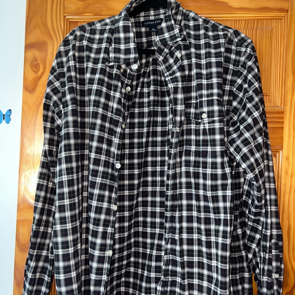Lands' End Black and White Plaid Shirt